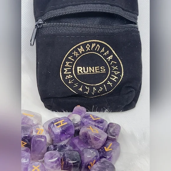 Amethyst Rune Stones Set | Engraved Runes w/ Velvet Pouch & Guide Crystal. - Picture 2 of 7